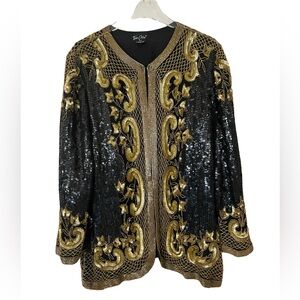 FINAL SALE Vintage Tan-Chho Black Gold Scroll Beaded Sequin 100% Silk Jacket M